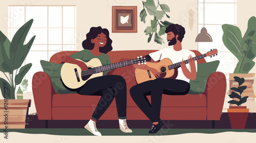 vector illustration, multiracial couple sitting in the sofa, playing guitar and singing. Relaxing hobby for multiracial couple. Man and woman sitting in living room on sofa making music. stress relief