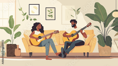 vector illustration, multiracial couple sitting in the sofa, playing guitar and singing. Relaxing hobby for multiracial couple. Man and woman sitting in living room on sofa making music. stress relief
