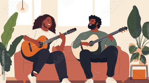 vector illustration, multiracial couple sitting in the sofa, playing guitar and singing. Relaxing hobby for multiracial couple. Man and woman sitting in living room on sofa making music. stress relief