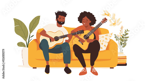 vector illustration, multiracial couple sitting in the sofa, playing guitar and singing. Relaxing hobby for multiracial couple. Man and woman sitting in living room on sofa making music. stress relief