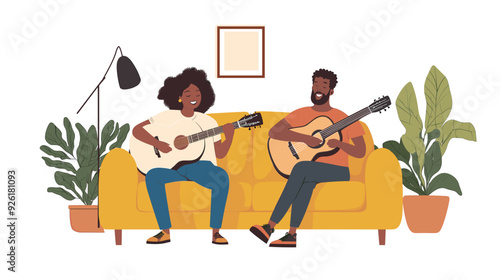 vector illustration, multiracial couple sitting in the sofa, playing guitar and singing. Relaxing hobby for multiracial couple. Man and woman sitting in living room on sofa making music. stress relief