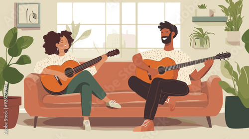 vector illustration, multiracial couple sitting in the sofa, playing guitar and singing. Relaxing hobby for multiracial couple. Man and woman sitting in living room on sofa making music. stress relief