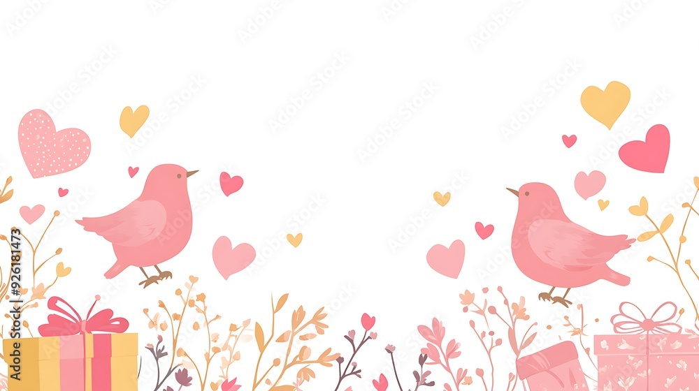 Romantic Valentine's Day Card Template with Love Birds, Hearts, and Gifts in Pink and Gold Colors. Vector Illustration for Greeting Cards. Romantic Valentine's Day Card Template with Love Birds, Hearts, and Gifts in Pink and Gold Colors. Vector Illustration for Greeting Cards.