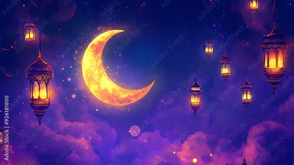 Mystical Crescent Moon and Lanterns in Deep Purple Night Sky for Ramadan Vector Illustration Mystical Crescent Moon and Lanterns in Deep Purple Night Sky for Ramadan Vector Illustration