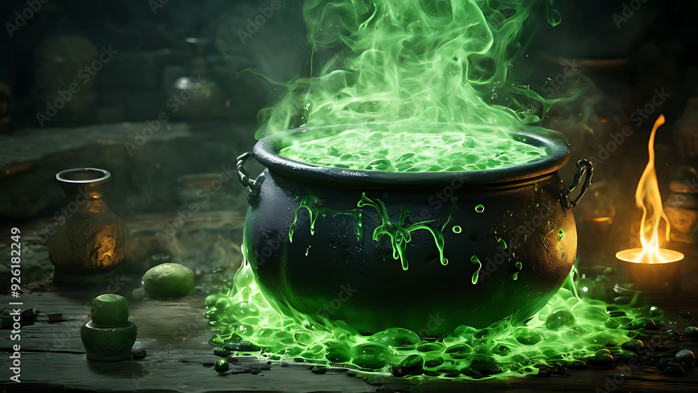 Cauldron bubbling with green potion
Cauldron bubbling with green potion