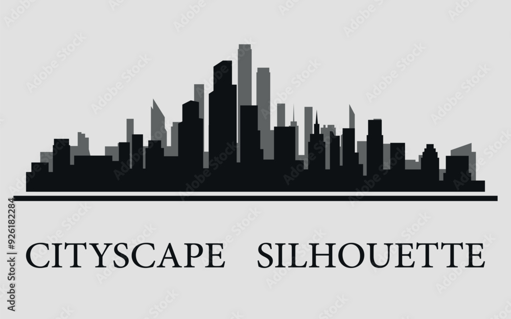 Naklejka premium The city skyline. Silhouettes of buildings. Vector on a gray background 