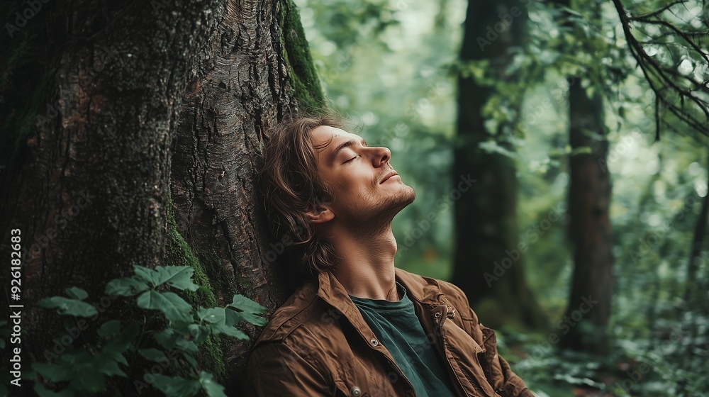 A person leaning against a tree in a lush forest, eyes closed, embodying peace, calm, and holistic therapy through forest bathing and ecotherapy. A person leaning against a tree in a lush forest, eyes closed, embodying peace, calm, and holistic therapy through forest bathing and ecotherapy.