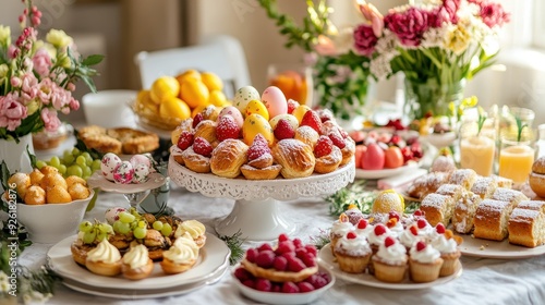 Colorful pastries and fresh fruits decorate a table, creating a vibrant atmosphere for a spring gathering