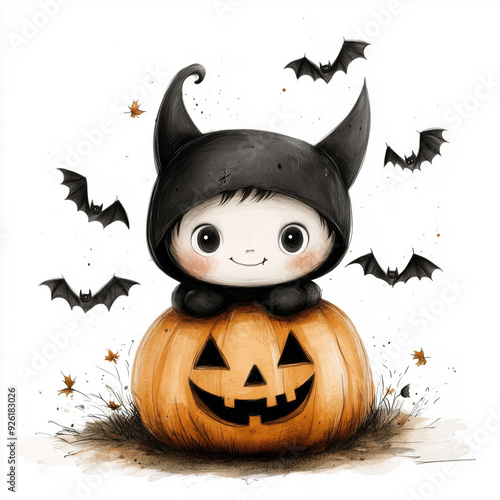 cute halloween pumpkin with bats illustrations