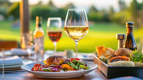 Fototapeta Naklejka Na Ścianę i Meble -  Gourmet Meal and Glass of Wine on a Table with a Golf Course in the Background