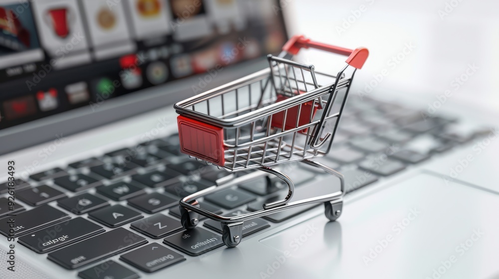 Online shopping concept with laptop and mini cart on blurry bright background Online shopping concept with laptop and mini cart on blurry bright background