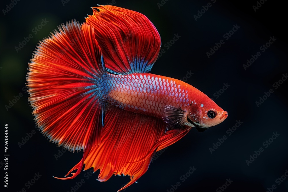 Red and blue fish with flowing fins on a black background. Red and blue fish with flowing fins on a black background.