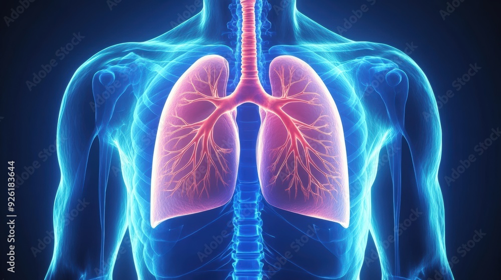 Human Respiratory System with Lungs Highlighted in 3D Illustration, Showing Detailed Anatomy and Vascular Structure Human Respiratory System with Lungs Highlighted in 3D Illustration, Showing Detailed Anatomy and Vascular Structure