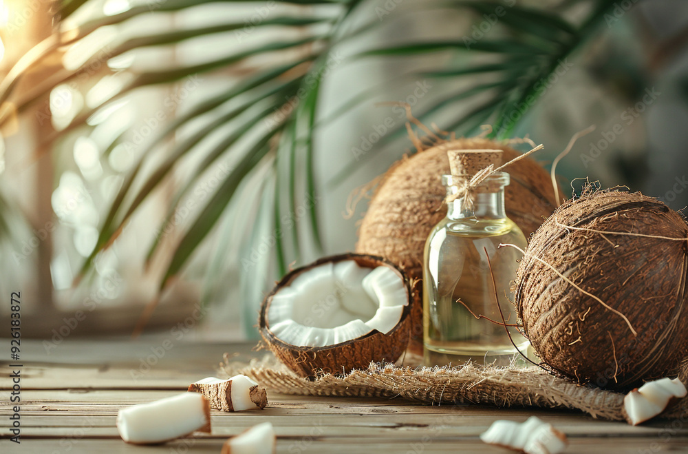 Coconut oil in bottle and coconut on wooden background Coconut oil in bottle and coconut on wooden background