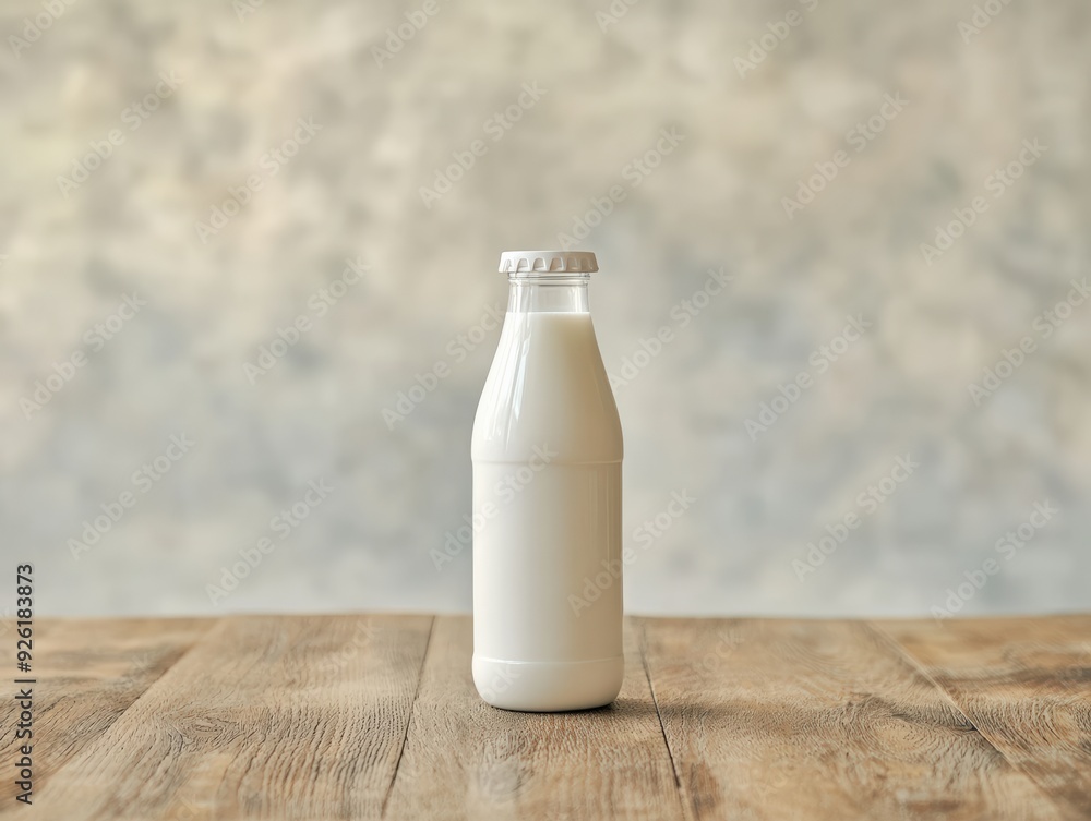Lactose-Free Milk Bottle on Rustic Wooden Table Against a Soft Gray Background, High Resolution Photograph Lactose-Free Milk Bottle on Rustic Wooden Table Against a Soft Gray Background, High Resolution Photograph