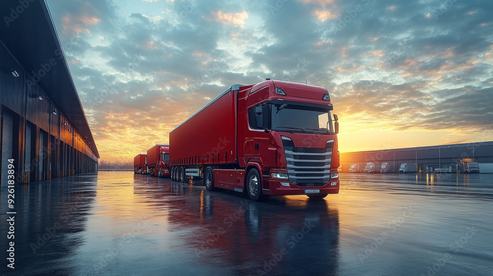 Red trucks line up against a shimmering wet surface, reflecting the vibrant sunset and revealing an industrial backdrop Red trucks line up against a shimmering wet surface, reflecting the vibrant sunset and revealing an industrial backdrop