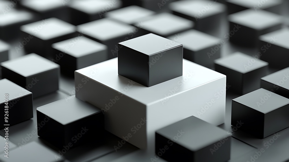 Geometric Symmetry: Modern Black Square on White Box in 3D Rendering with High Contrast Lighting Geometric Symmetry: Modern Black Square on White Box in 3D Rendering with High Contrast Lighting