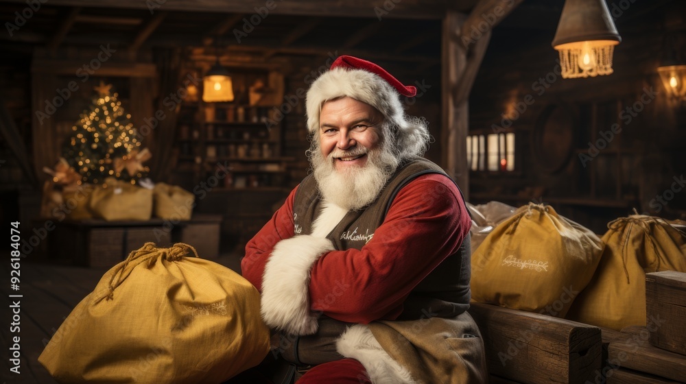 Cheerful santa claus with big bag of colorful christmas gifts for holiday festivities