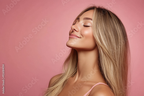 A close up of a woman's face with her eyes closed and long blond hair