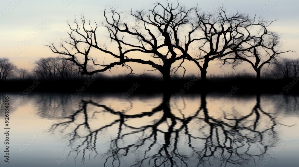Abstract composition of twisted tree reflections on a serene body of water Abstract composition of twisted tree reflections on a serene body of water