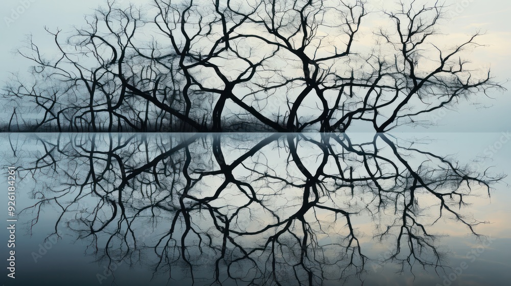 Abstract composition of twisted tree reflections on a serene body of water Abstract composition of twisted tree reflections on a serene body of water