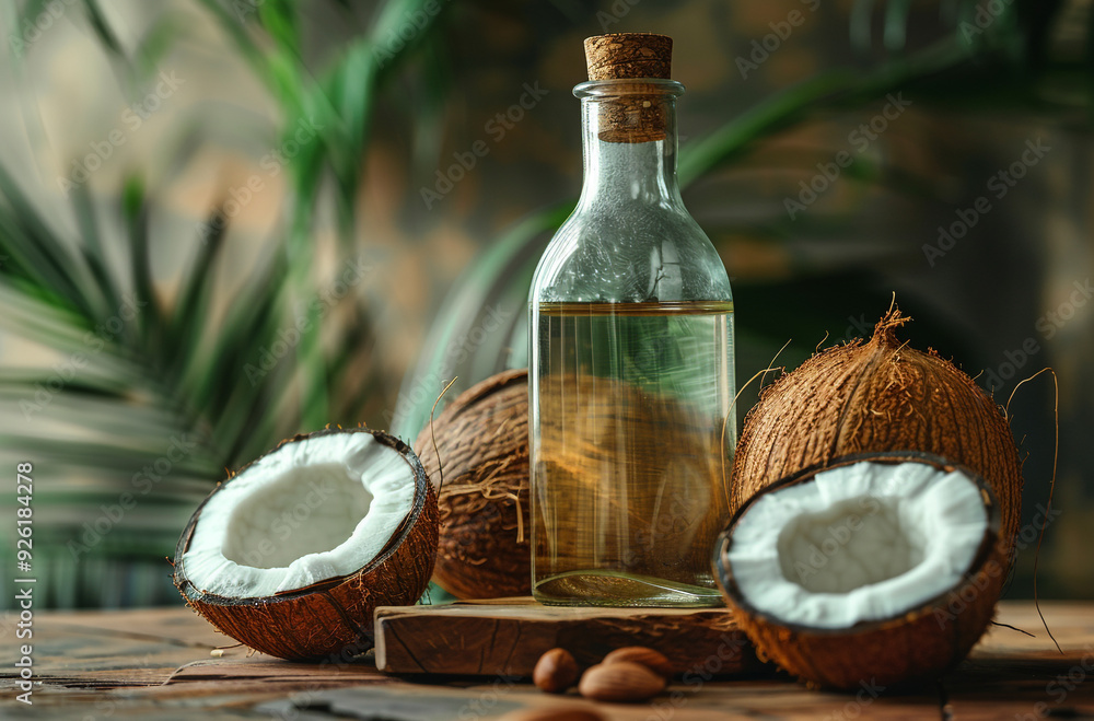 Coconut oil in bottle and coconut on wooden background Coconut oil in bottle and coconut on wooden background