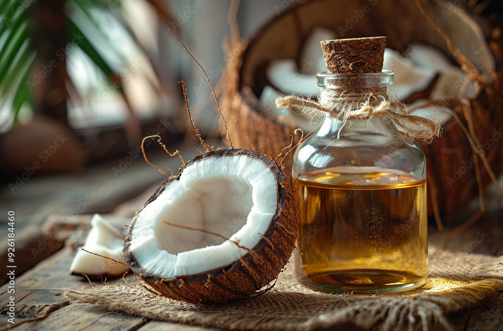 Coconut oil in bottle and coconut on wooden background Coconut oil in bottle and coconut on wooden background