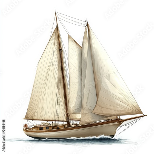 A single sailboat clipart, nautical element, classic design, white sails, isolated on white background.