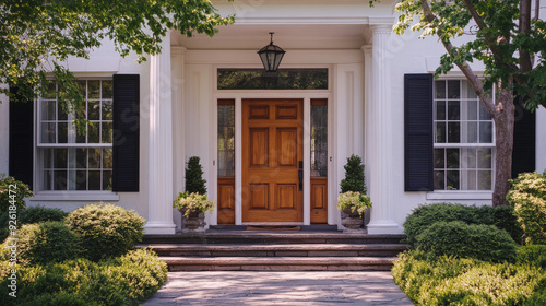 The front entrance of a luxury villa designed in the North American farmhouse style. photo