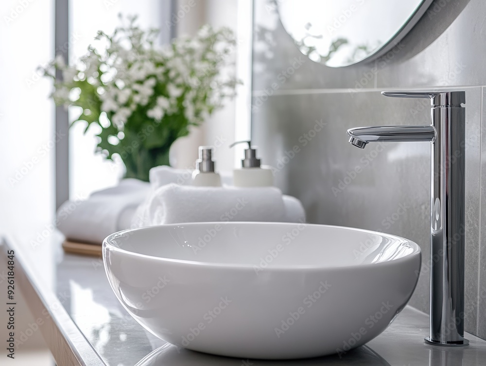 Modern Bathroom Sink with Chrome Faucet and White Towels Modern Bathroom Sink with Chrome Faucet and White Towels