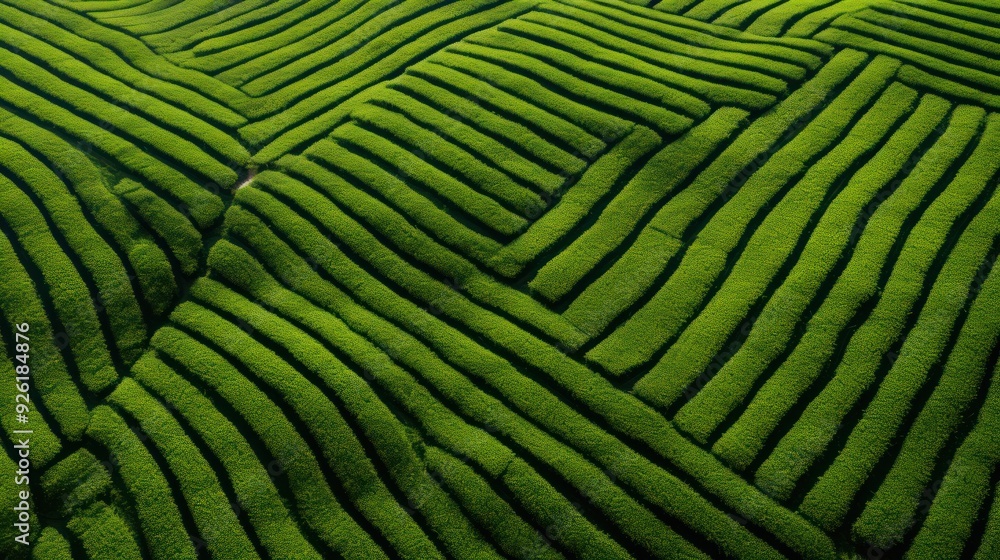 Fototapeta premium Aerial view of lush green tea tree field with neatly arranged rows creating a geometric pattern against the landscape