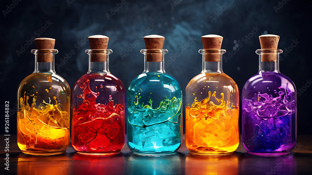 Potion bottles with colored liquids
Potion bottles with colored liquids