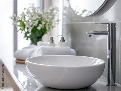 Modern Bathroom Sink with Chrome Faucet and White Towels