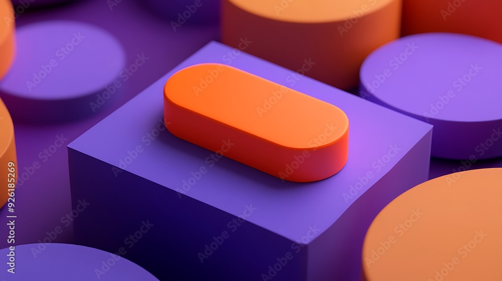 Modernist Abstract Composition with Orange Oval on Purple Rectangular Block in 3D Rendering Style Modernist Abstract Composition with Orange Oval on Purple Rectangular Block in 3D Rendering Style