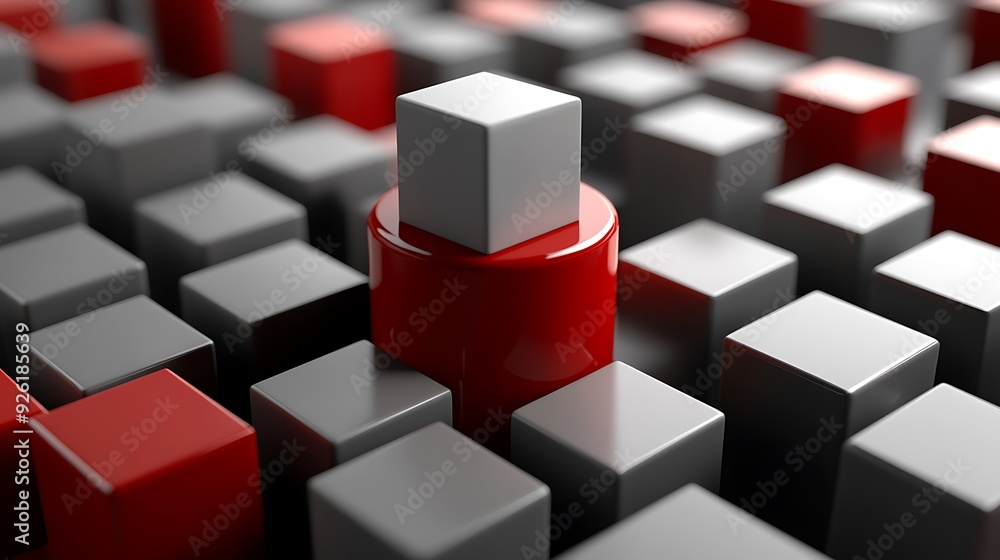 Geometric Composition: Gray Cube on Red Cylinder Surrounded by Cubes in Classic 3D Rendering Style Geometric Composition: Gray Cube on Red Cylinder Surrounded by Cubes in Classic 3D Rendering Style