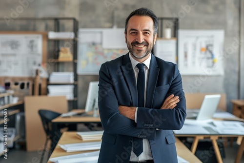 Confident Middle-Aged Businessman in Suit with Arms Crossed Smiling in Modern Office