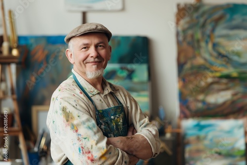 Portrait of a Talented Artist in Smock Smiling Professionally