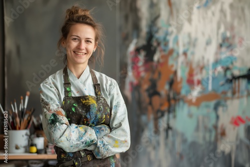 Creative Professional Artist in Smock Smiling at Camera in Studio Setting