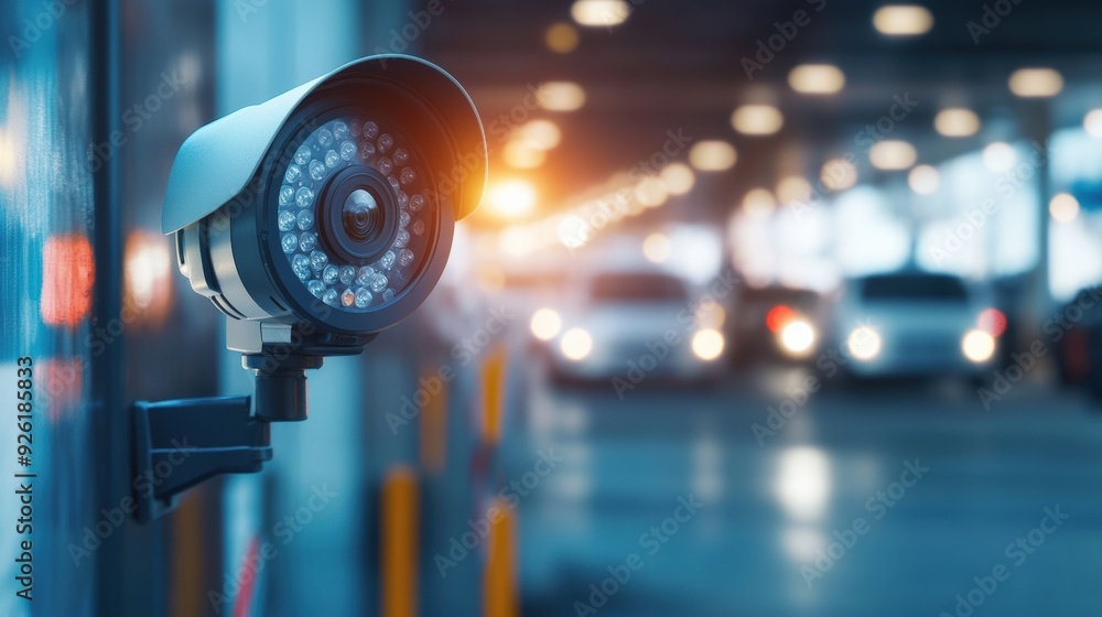 Security Camera Mounted on Wall with Blurred Background of Cars and Entrance Gate in Parking Garage Security Camera Mounted on Wall with Blurred Background of Cars and Entrance Gate in Parking Garage