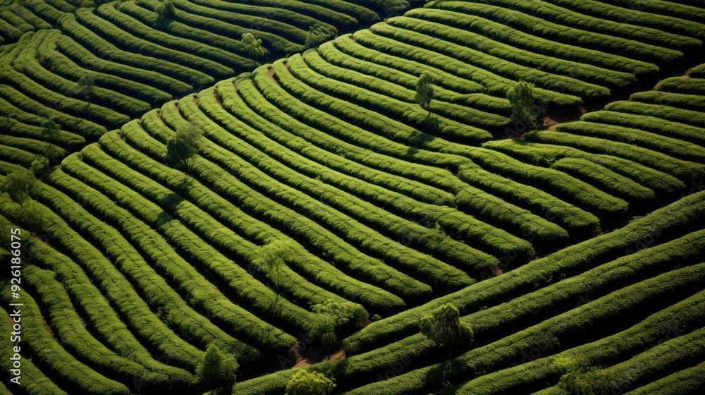 Fototapeta premium eye view of a tea tree farm featuring well-structured rows that create