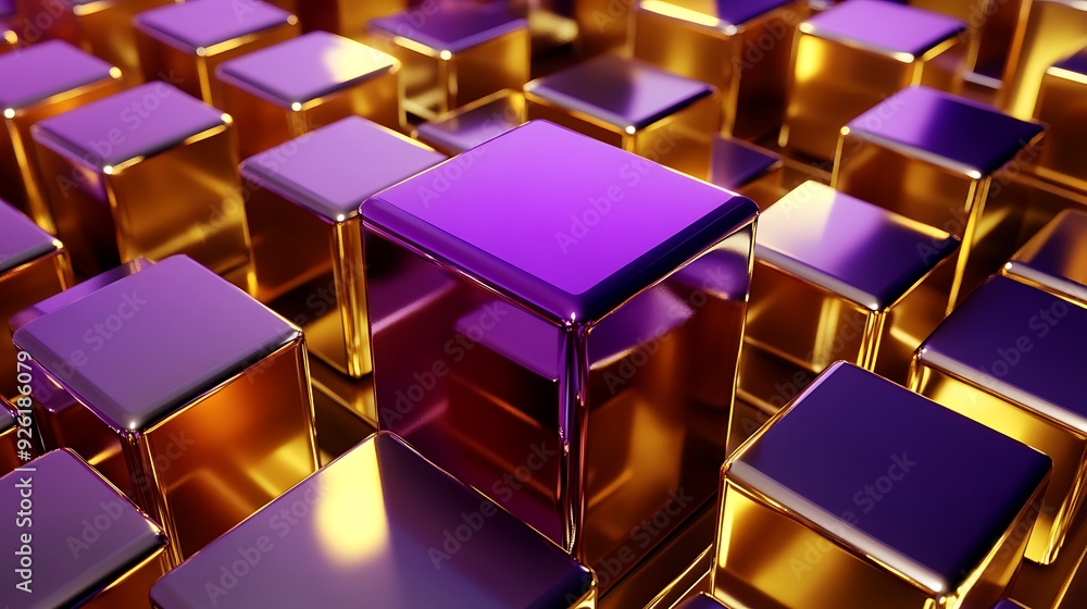 Fototapeta premium Luxurious Gold and Violet Parallelepipeds Composition with High-Key Lighting in 3D Rendering Style