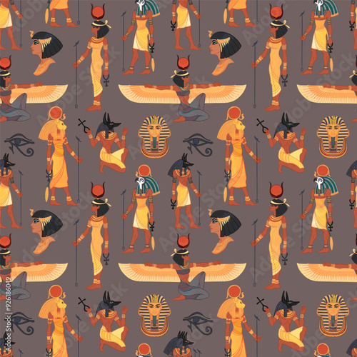 Ancient Egypt. Vintage seamless pattern with Egyptian gods and symbols. Retro hand drawn vector repeating illustration. Ra, Isis, Anubis, Sekhtmet, Cleopatra, pyramid.