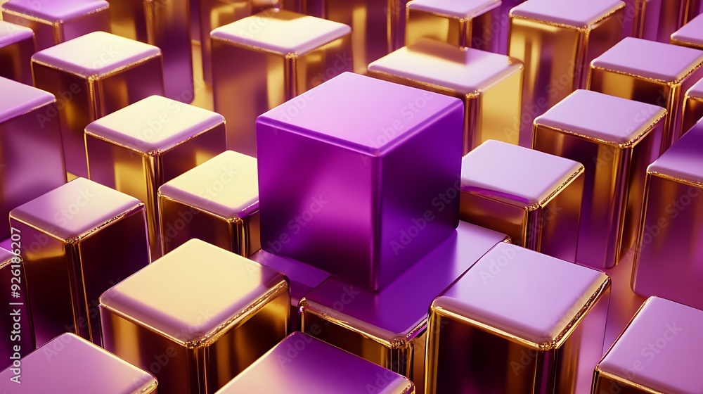 Elegance in Geometry - Lavish Violet Parallelepipeds atop Gold Cube Surrounded by Luxurious Elements in 3D Rendering Style Elegance in Geometry - Lavish Violet Parallelepipeds atop Gold Cube Surrounded by Luxurious Elements in 3D Rendering Style