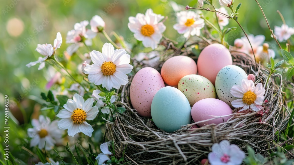 A nest filled with pastel-colored Easter eggs is surrounded by blooming daisies in a serene garden A nest filled with pastel-colored Easter eggs is surrounded by blooming daisies in a serene garden