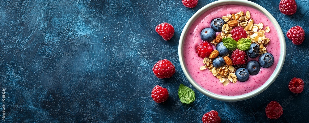 A vibrant smoothie bowl topped with fresh raspberries, blueberries, and nuts, set against a dark blue textured background. A vibrant smoothie bowl topped with fresh raspberries, blueberries, and nuts, set against a dark blue textured background.
