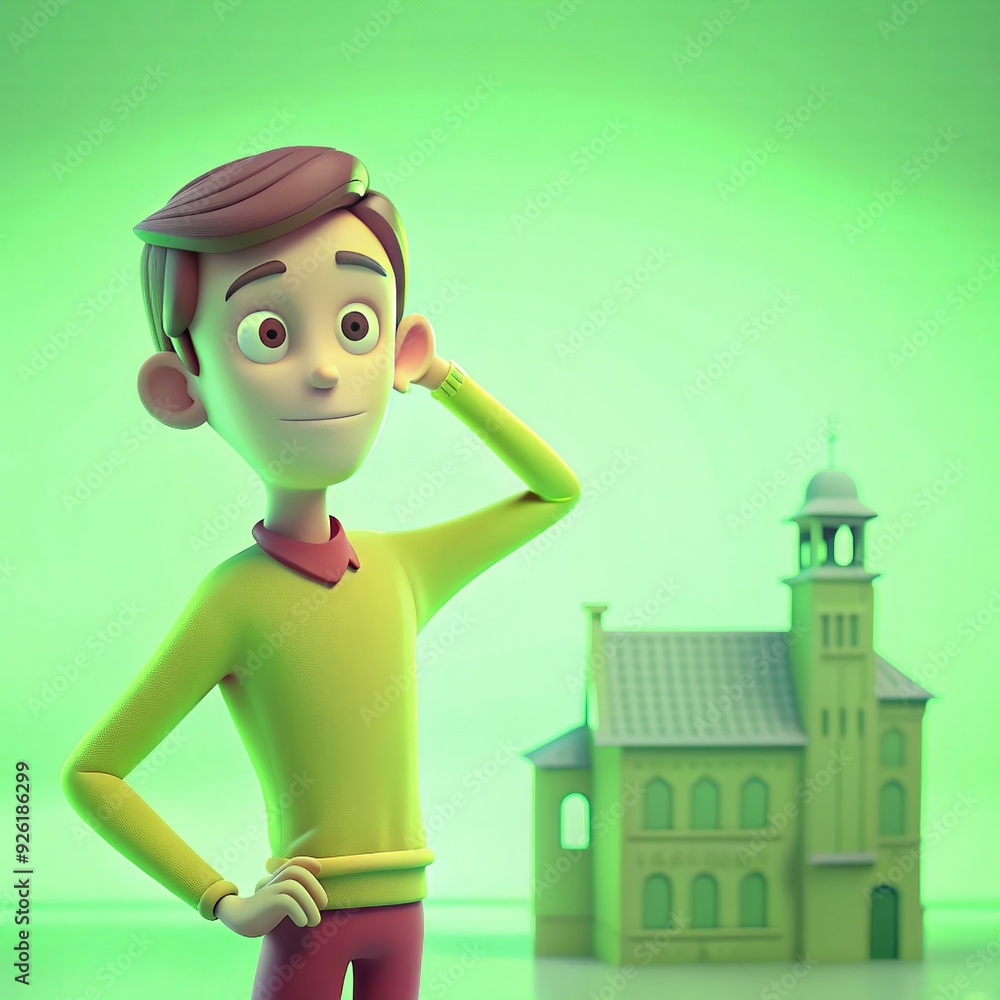 3D style cartoon character of a young man in a yellow sweater, standing in front of an old building with a nostalgic expression, one hand resting on the wall, and eyes looking into the distance graphi 3D style cartoon character of a young man in a yellow sweater, standing in front of an old building with a nostalgic expression, one hand resting on the wall, and eyes looking into the distance graphi