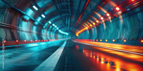 A futuristic tunnel illuminated with neon lights in blue and orange hues, creating a sense of motion and speed.