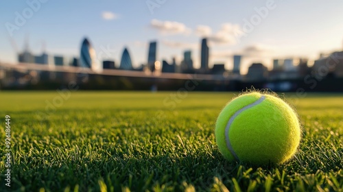 Low perspective of a tennis ball resting on grass, with the iconic London city skyline visible in the background, combining sport and city views. photo