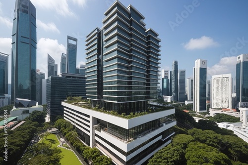 Modern multi-purpose building with eco-friendly glass and steel design. Features luxury shopping mall, efficient energy system, and natural light