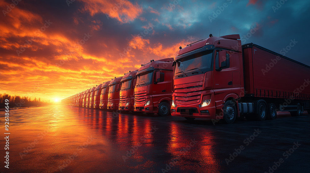 A vibrant sunset casts warm hues over a fleet of red trucks parked perfectly in a row, reflecting beautifully on the wet asphalt A vibrant sunset casts warm hues over a fleet of red trucks parked perfectly in a row, reflecting beautifully on the wet asphalt